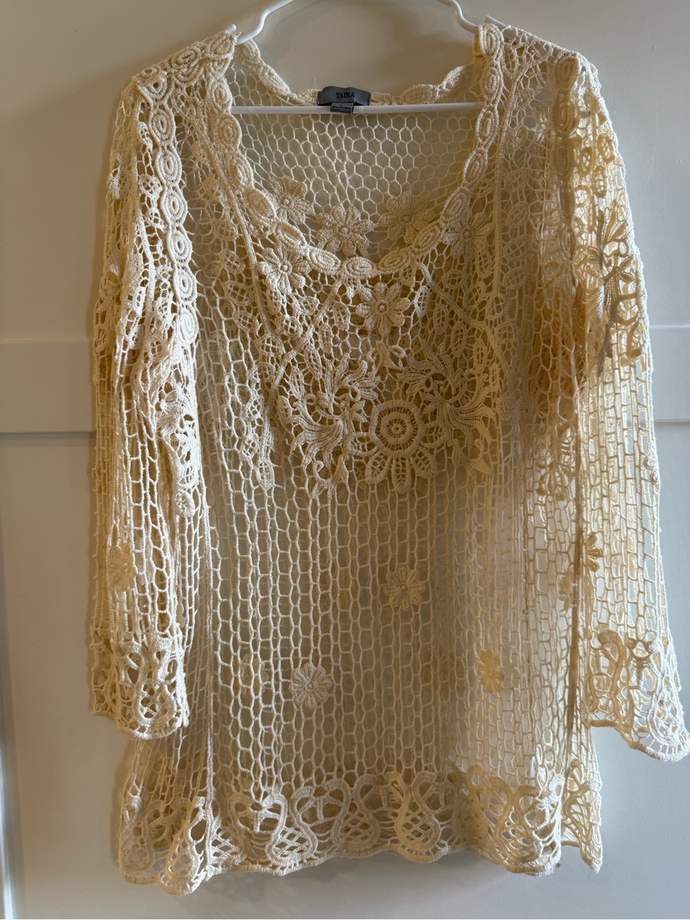 Yaira Cream Floral Wide Crochet Whimsey Fairy Tunic or Swimsuit Cover Up Size L